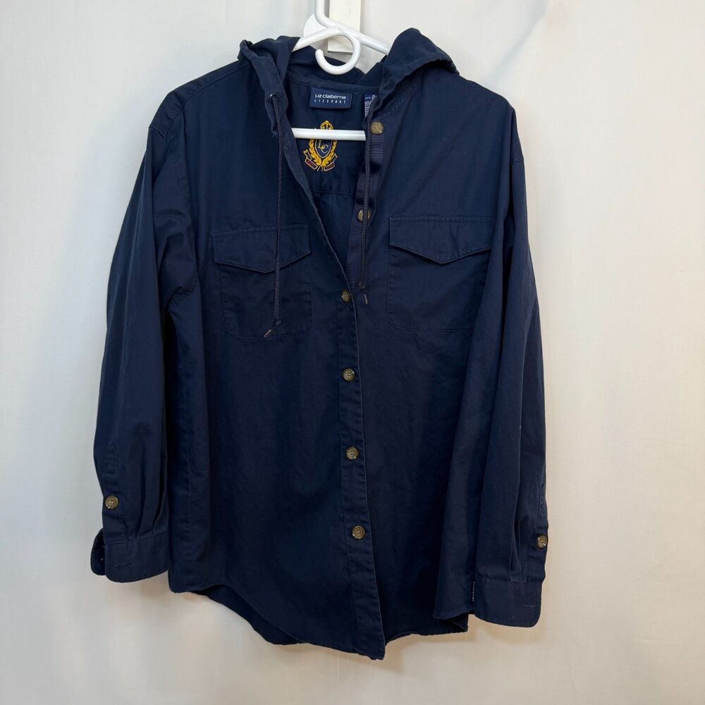 Liz Claiborne Lizsport Lightweight Cotton Hooded Button Front Jacket Navy Size M